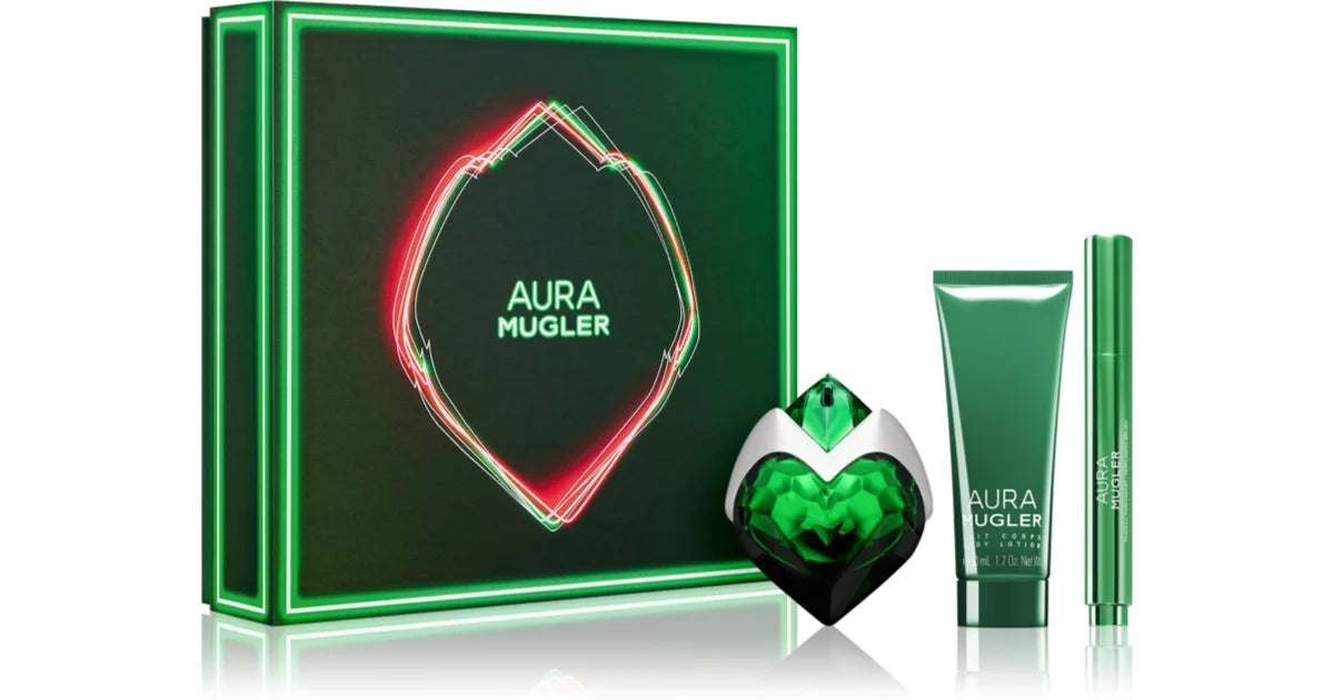 Coffret cadeau Mugler Aura 30ml EDP rechargeable pour femmes + Lait corporel 50ml + Stylo parfum